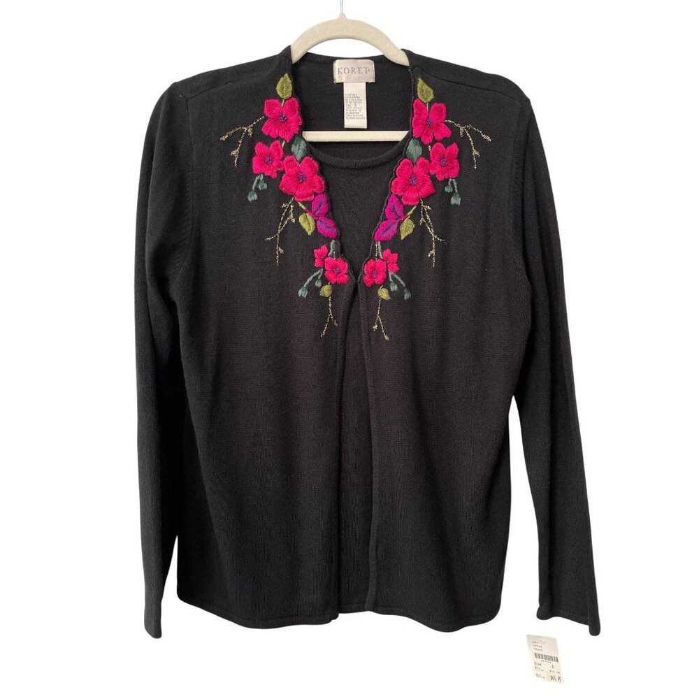 Vintage 90s Koret Cardigan Sweater Size Small Floral Embroidered Deadstock NEW